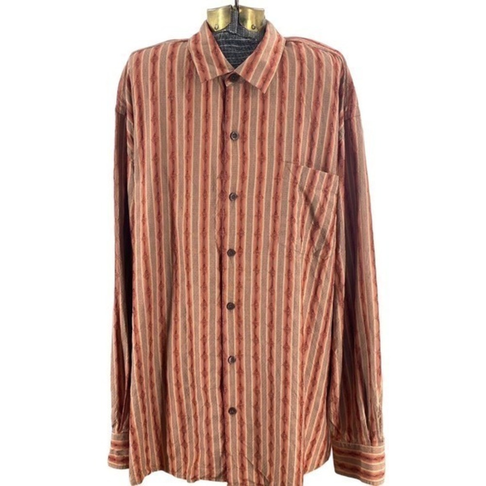 Tommy Bahama 100% Silk Shirt Burnt Orange / Tan Stripes Long Sleeves Men’s XXL‎